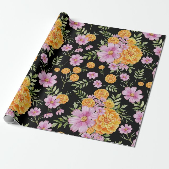 Papier Cadeau Octobre Mois de naissance Fleurs Marigold Cosmos (Déroulé)