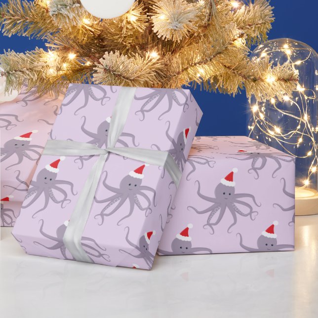 Papier Cadeau Octopus violet à Noël à Santa Hat (Vacances)