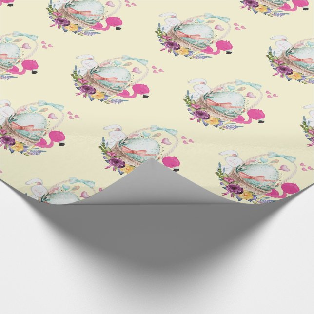 Papier Cadeau Oeuf, Flamant rose rose & lapin, Motif aquarelle (Coin)