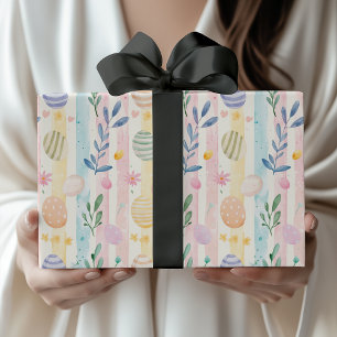 Papier Cadeau Œufs à rayures de Pâques à l'aquarelle pastel élég
