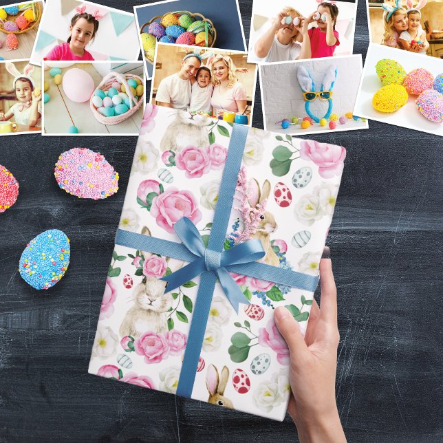 Papier Cadeau Oeufs de Pâques Bunny Floral Pastel Peonies Aquare (Easter Eggs Bunny Floral Pastel Peonies Watercolor Wrapping Paper)