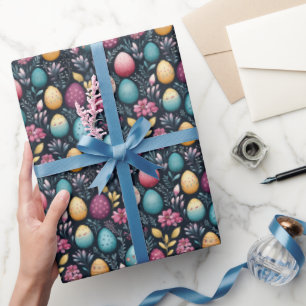 Papier Cadeau Oeufs de Pâques décoratifs Motif floral foncé