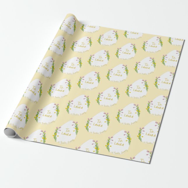 Papier Cadeau OEufs de Pâques floraux personnalisés Jaune (Déroulé)