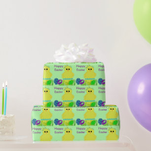 Papier Cadeau Oeufs de pâques jaunes de rayure bleue de poussin