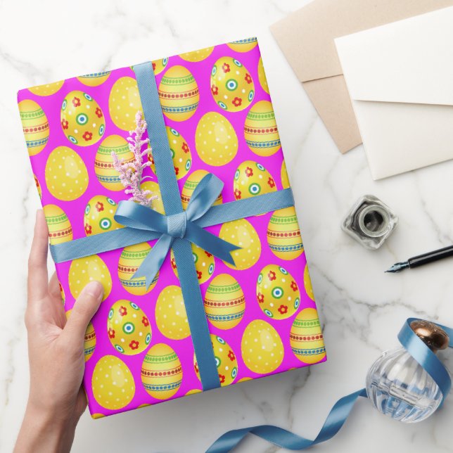 Papier Cadeau Oeufs De Pâques Jaunes Sur Rose Chaud (Cadeaux)