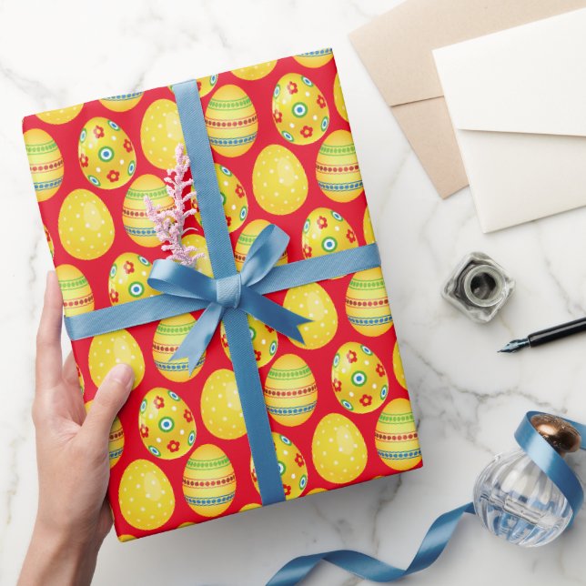 Papier Cadeau Oeufs De Pâques Jaunes Sur Rouge (Cadeaux)