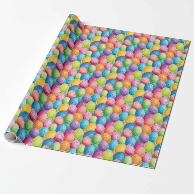 Papier Cadeau Oeufs de Pâques Motif bleu vert violet rose (Déroulé)