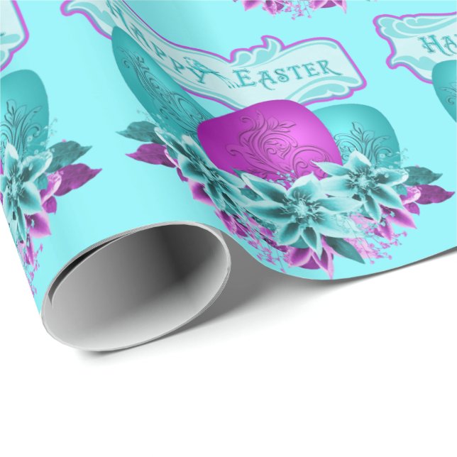 Papier Cadeau Oeufs Et Fleurs De Pâques Joyeux Pâques (Coin rond)