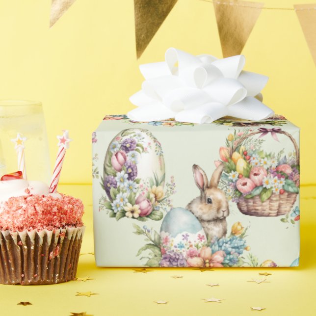 Papier Cadeau Oeufs Pâques Pastel, Lapin, Poussin Vert Floral (Fête d'anniversaire)