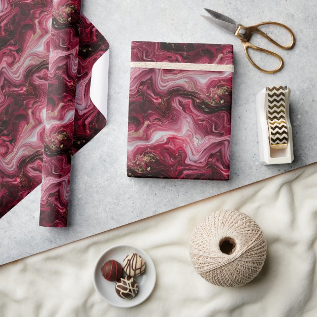 Papier Cadeau Oeuvre marbrée Abstraite avec rouge profond, rose (Artisanat)