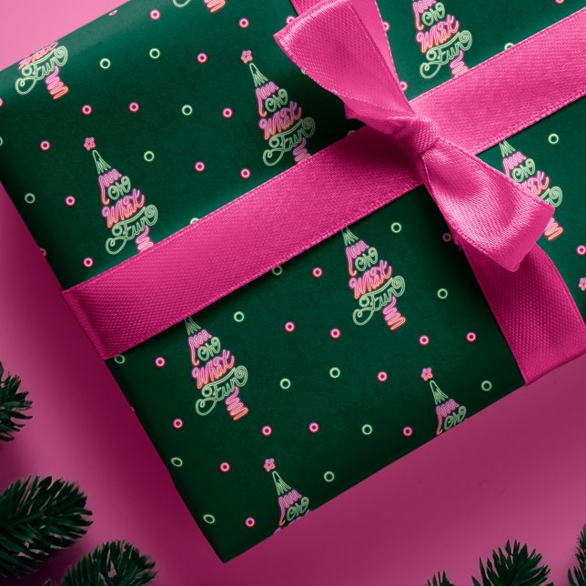 Papier Cadeau Oh Quel Amusant Pink Green Neon Lights Arbre de No (Oh What Fun Pink Green Neon Lights Christmas Tree Wrapping Paper)