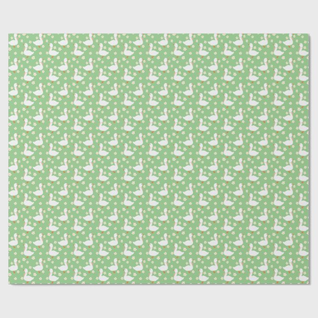 Papier Cadeau Oie blanche et marguerites Merci vert (Plat)