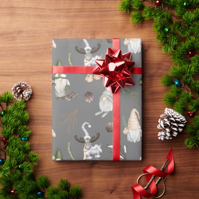 Papier Cadeau Oie de Noël et Gnomes (Cadeau de vacances)