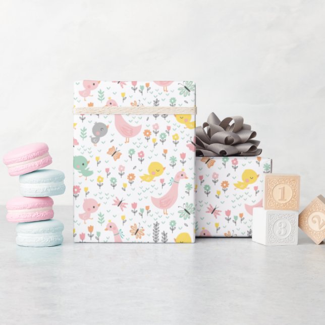 Papier Cadeau Oie mignonne et oies aux couleurs pastel (Baby Shower)