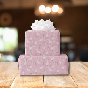 Papier Cadeau Oies mignonnes et motif d'empreintes sur fond rose