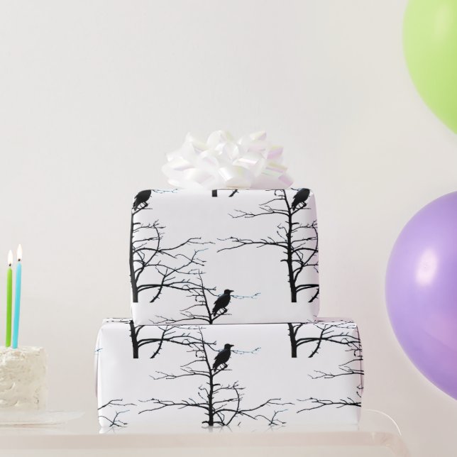 Papier Cadeau Oiseau dans l'arbre sur la silhouette de branche (Cadeaux de fête)
