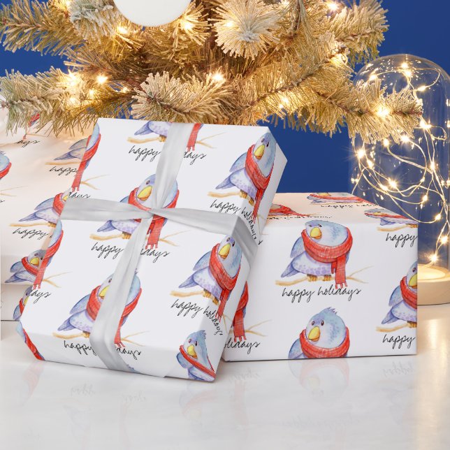 Papier Cadeau Oiseau de Noël avec écharpe  (Vacances)