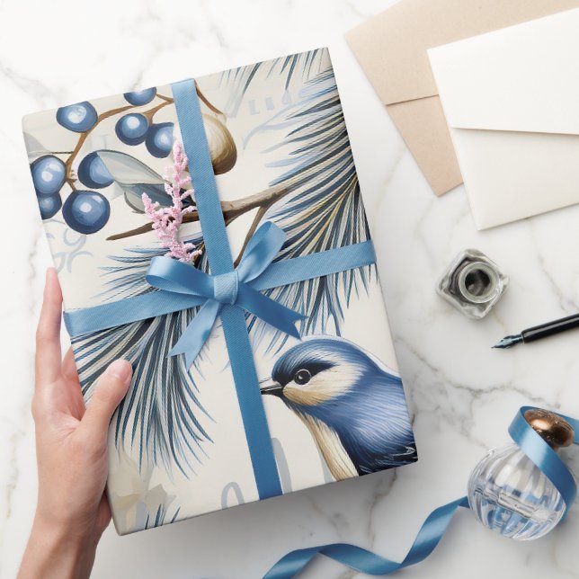Papier Cadeau Oiseau de Noël bleu mignon, Baies, Floral (Cadeaux)