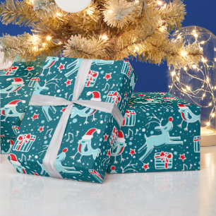 Papier Cadeau Oiseau de rennes turquoise aqua rouge enveloppemen
