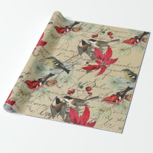 Papier Cadeau Oiseau de vacances de Noël et poinsettia rouge