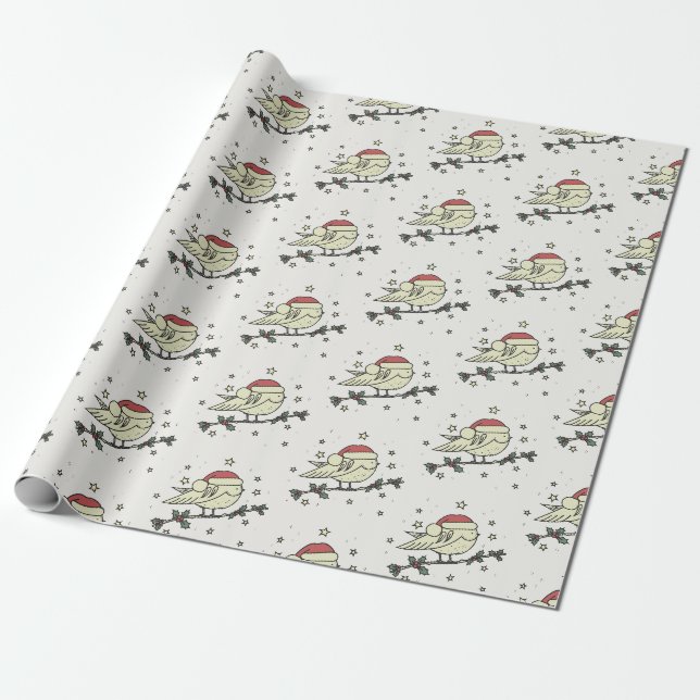 Papier Cadeau Oiseau d'hiver avec casquette Père Noël (Déroulé)