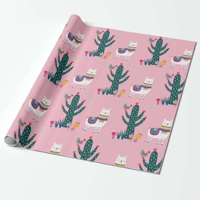 Papier Cadeau Oiseau et cactus mignons de lama (Déroulé)