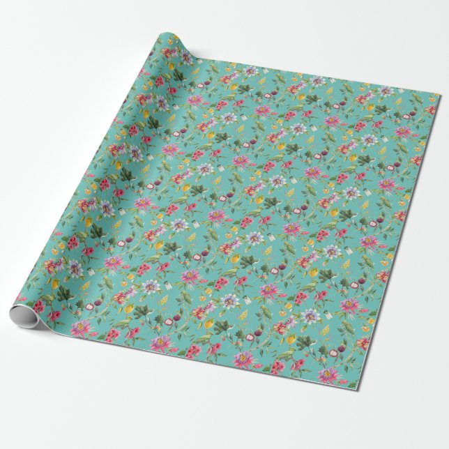 Papier Cadeau Oiseaux Amoureux Et Fleurs Été (Déroulé)