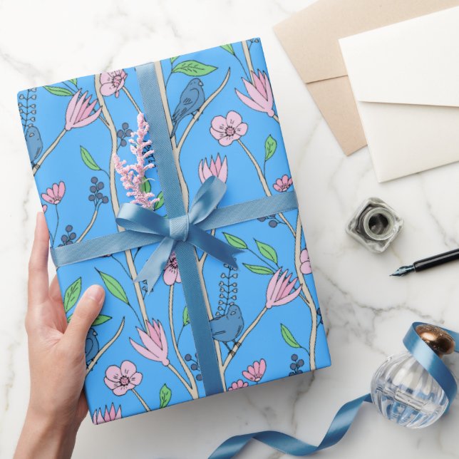 Papier Cadeau Oiseaux bleus et fleurs roses (Cadeaux)