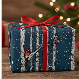 Papier Cadeau Oiseaux cardinaux bleus marine d'hiver Neige Arbre