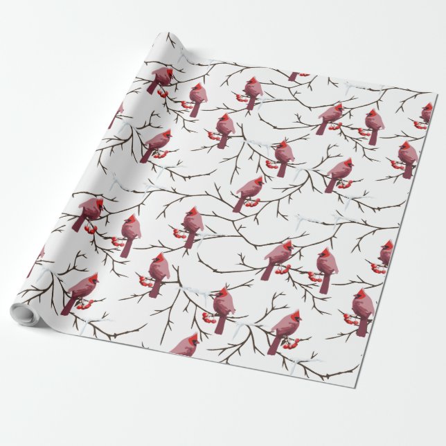 Papier Cadeau Oiseaux cardinaux, cerises d'hiver et Motif de nei (Déroulé)