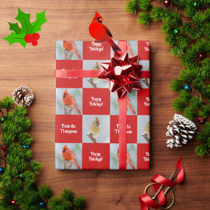 Papier Cadeau Oiseaux cardinaux personnalisés rouge chèque Noël