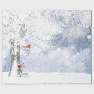 Papier Cadeau Oiseaux cardinaux rouges Arbres enneigés de Noël