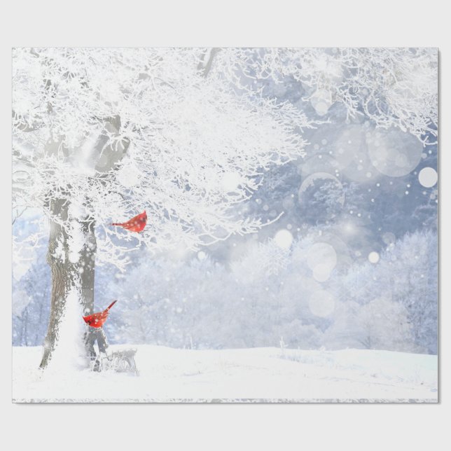 Papier Cadeau Oiseaux cardinaux rouges Arbres enneigés de Noël (Plat)