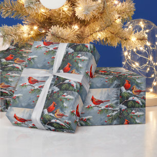 Papier Cadeau Oiseaux cardinaux rouges aux baies sauvages