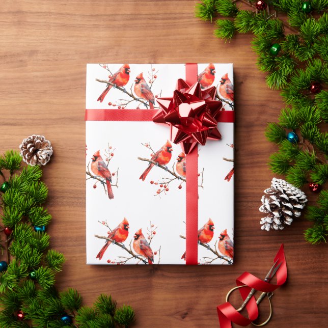 Papier Cadeau Oiseaux cardinaux rouges sur la branche de l'Holly (Cadeau de vacances)