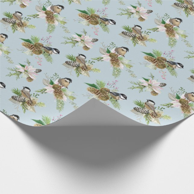 Papier Cadeau Oiseaux chanteurs Poinsettias et cônes de pins (Coin)
