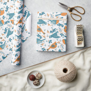 Papier Cadeau Oiseaux colorés avec symboles d'hiver et de Noël