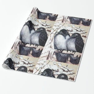 Papier Cadeau OISEAUX D'AMOUR D'HIVER DANS LA NEIGE Dessin Noir 