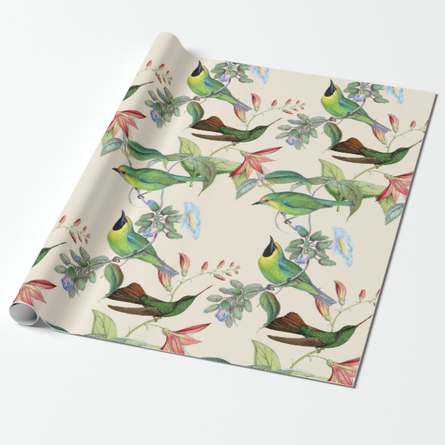 Papier Cadeau Oiseaux de brousse et fleurs à la crème légère (Déroulé)