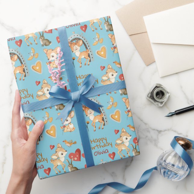 Papier Cadeau Oiseaux de cerfs de bois mignons Coeurs Anniversai (Cadeaux)