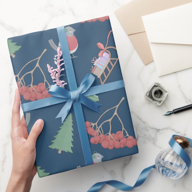Papier Cadeau Oiseaux de Noël et coudes Bleus (Créateur téléchargé)