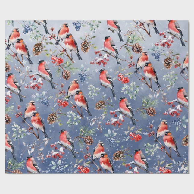 Papier Cadeau Oiseaux de Noël Red Bullfinch Berries & Pine Cônes (Plat)