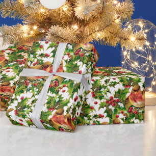 Papier Cadeau Oiseaux de Noël Vintage Holly Faux Motif d'or