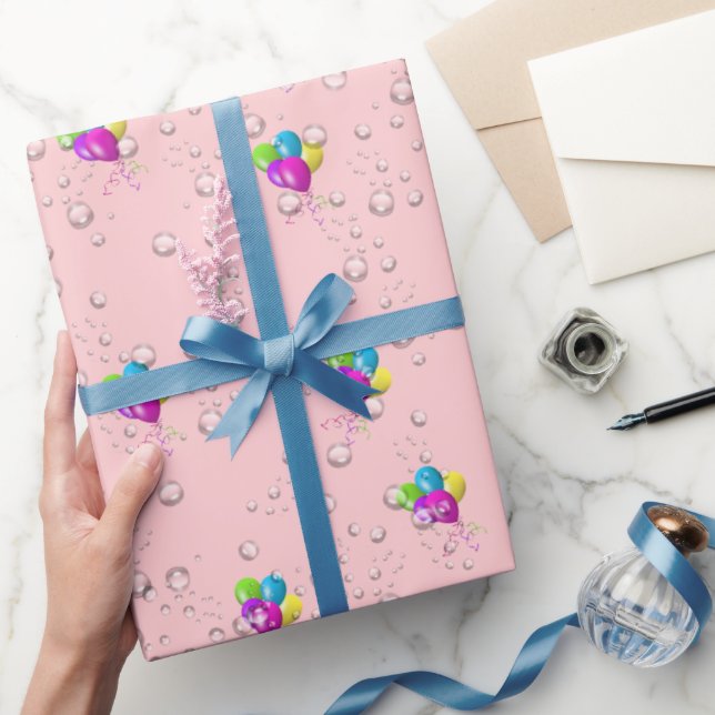 Papier Cadeau Oiseaux de pluie et ballons sur rose (Cadeaux)