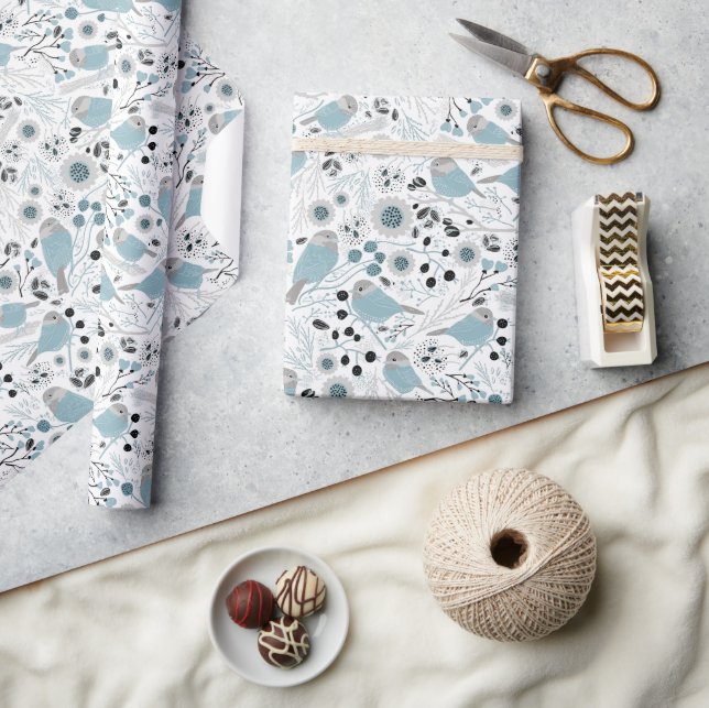 Papier Cadeau Oiseaux de poulet Fleurs gris bleu mignonnes Berri (Artisanat)