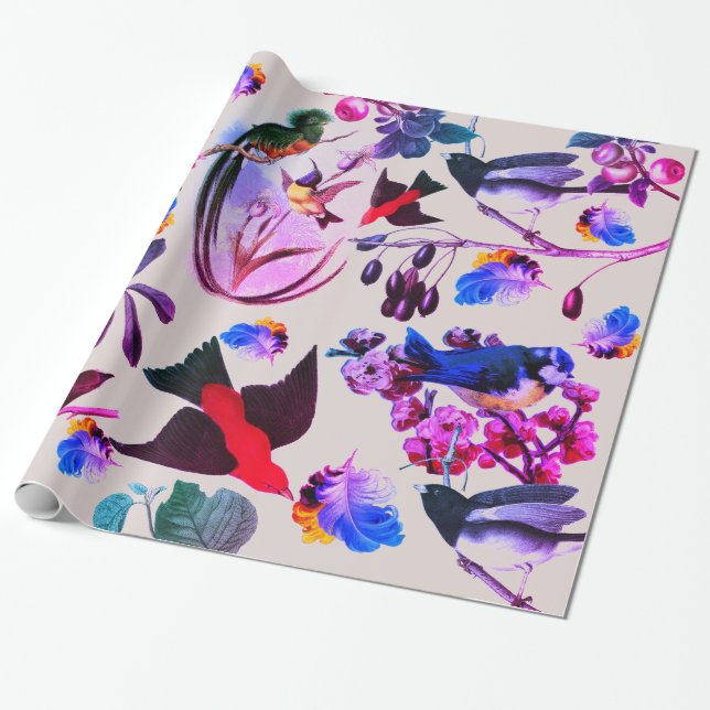 Papier Cadeau OISEAUX DE PRINTEMPS, PLUMES ET FRUITS Bleu rose F (Déroulé)