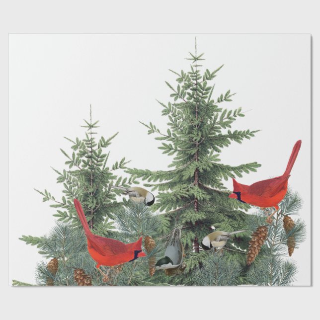 Papier Cadeau Oiseaux d'hiver Forêt Cardinal Pickadee Nuthatch (Plat)