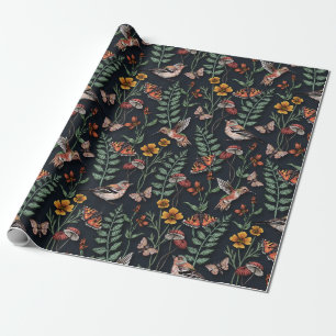 Papier Cadeau Oiseaux du jardin foncé et papillons