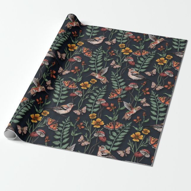 Papier Cadeau Oiseaux du jardin foncé et papillons (Déroulé)