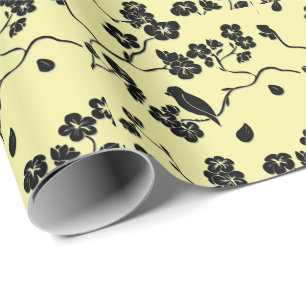 Papier Cadeau Oiseaux en fleurs de cerises Noir sur citron Jaune